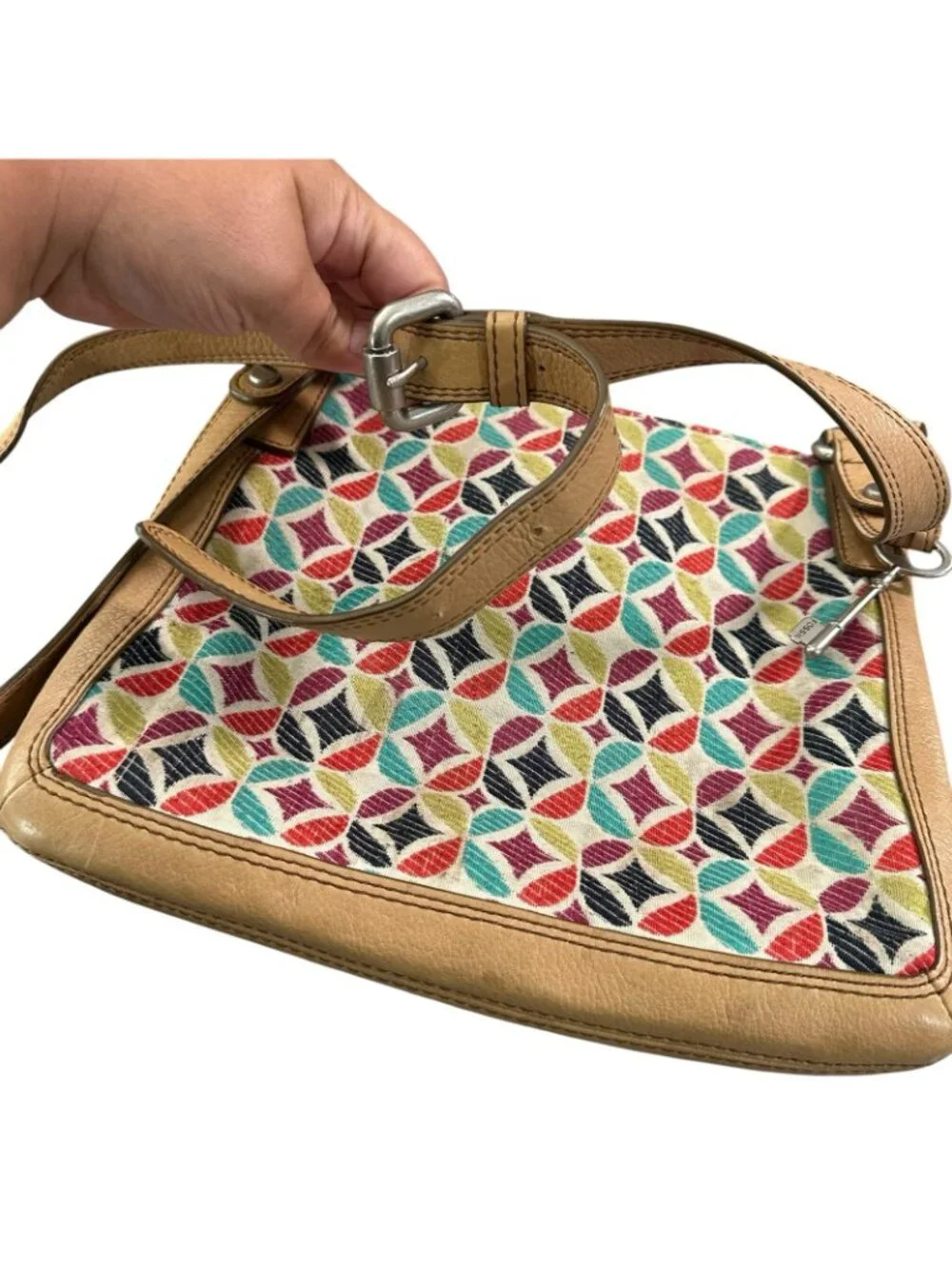 Fossil Colorful Geometric Pattern Crossbody Bag Multicolor Leather